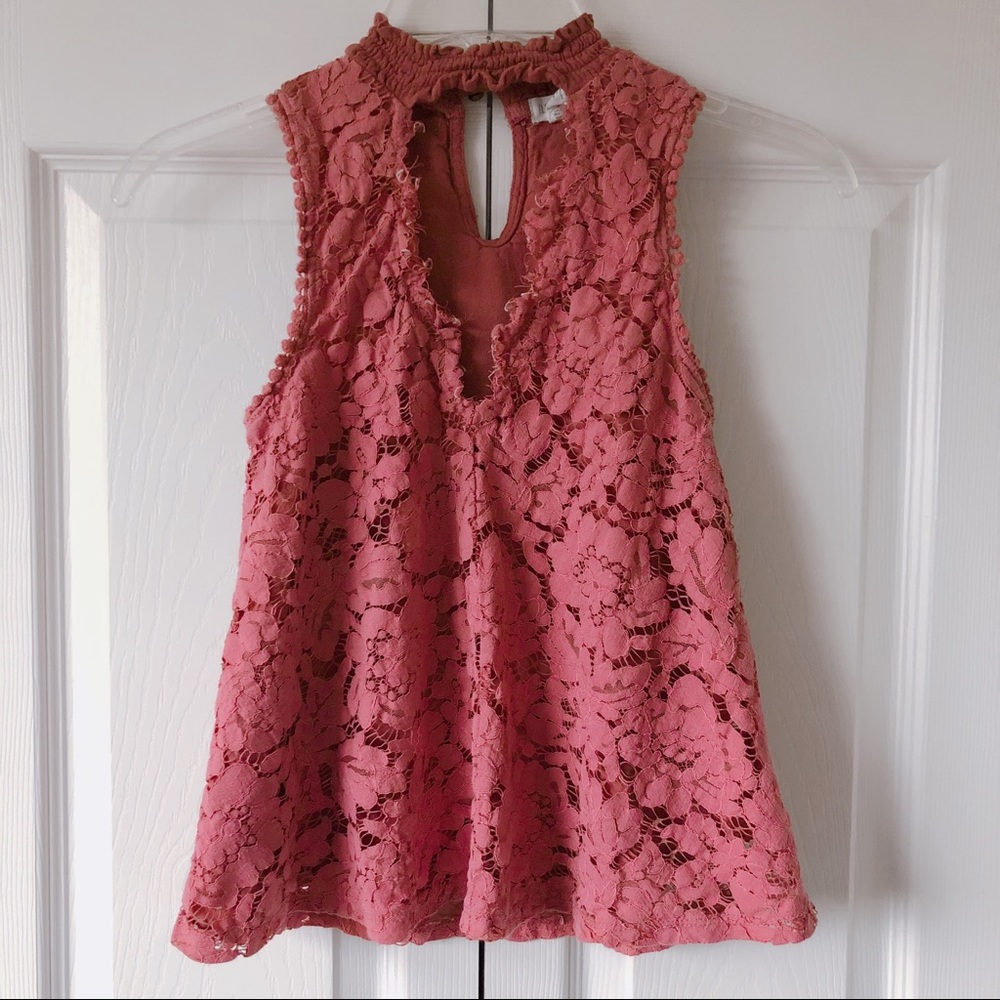 Pink Sleeveless Floral Lace High Neck Tank Top